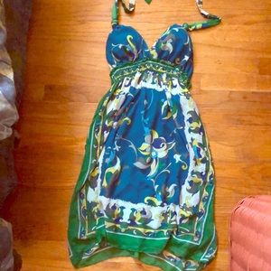 Green halter top mini sundress.